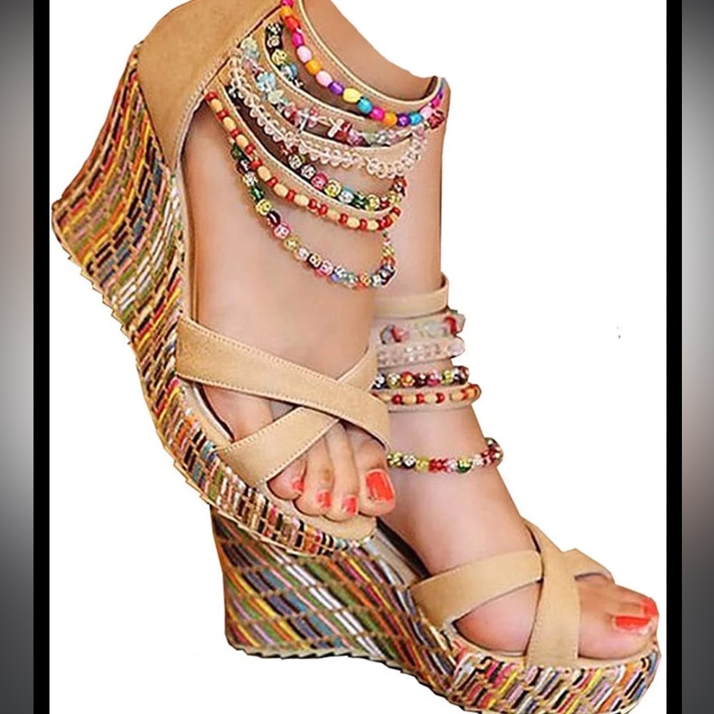 Cute wedge beaded colorful threaded pattern shoes - Picture 15 of 16